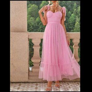 Pink Polka Dot Bow Tulle Dress Sz S